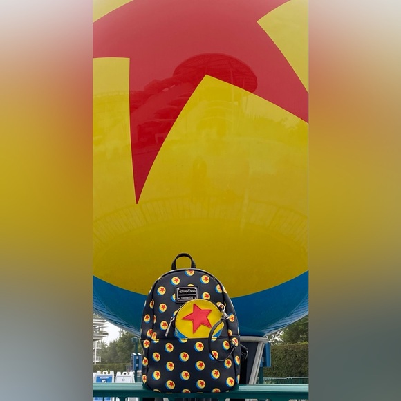 PIXAR x LOUNGEFLY backpack w/ ball coin purse NWOT  DISNEY Parks EXCLUSIVE! 🔴🟡🔵 - Picture 1 of 5